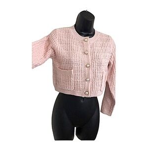 Jessica Simpson pink textured knit‎ pearl button crop cardigan sweater jacket